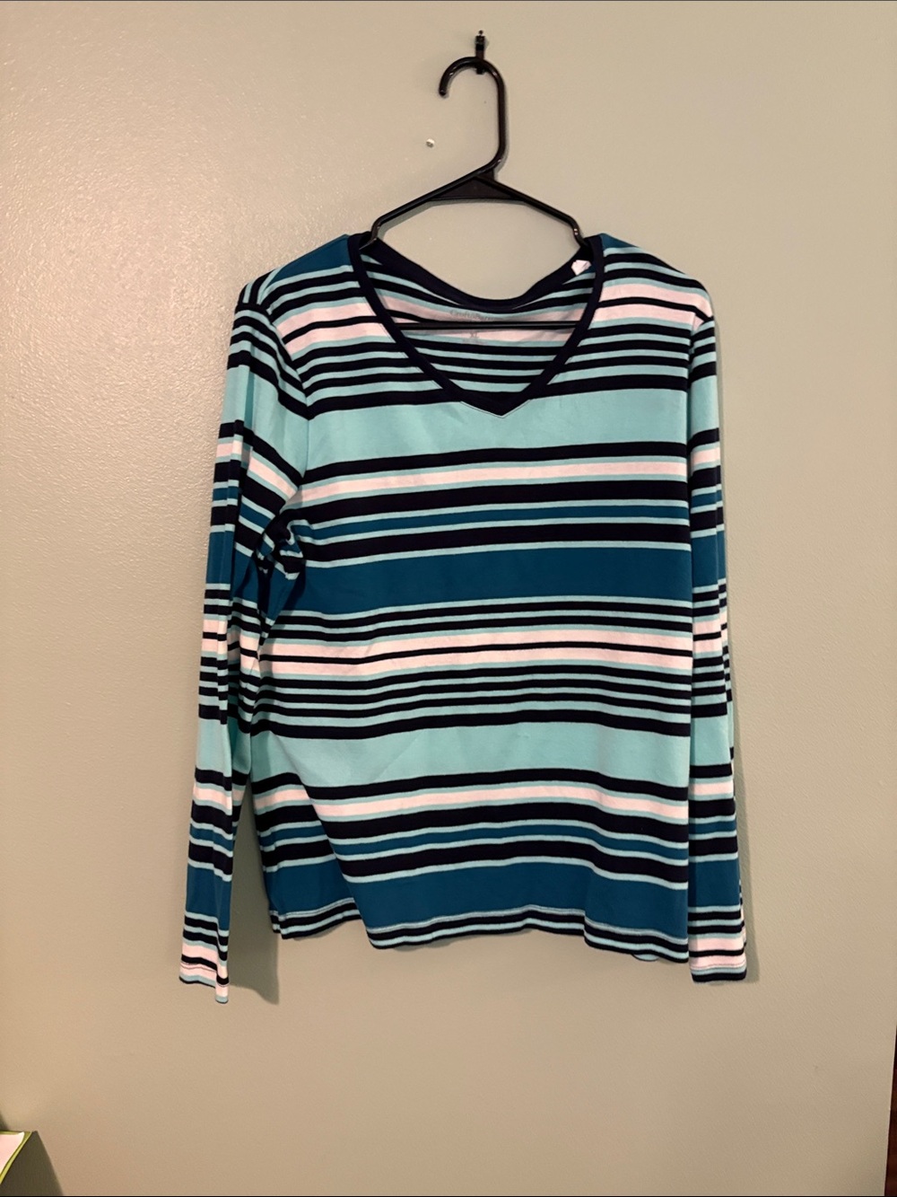 croft & barrow Striped V-Neck Long Sleeve Tee in Teal, Navy, White